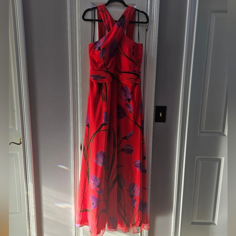 David Meister Cross Front Floral Chiffon Gown Size 16.